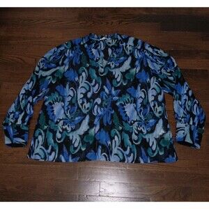 Chico's Blouse Womens Size 18 3.5 Pleated Black Blue Green Floral Sheer Sparkly